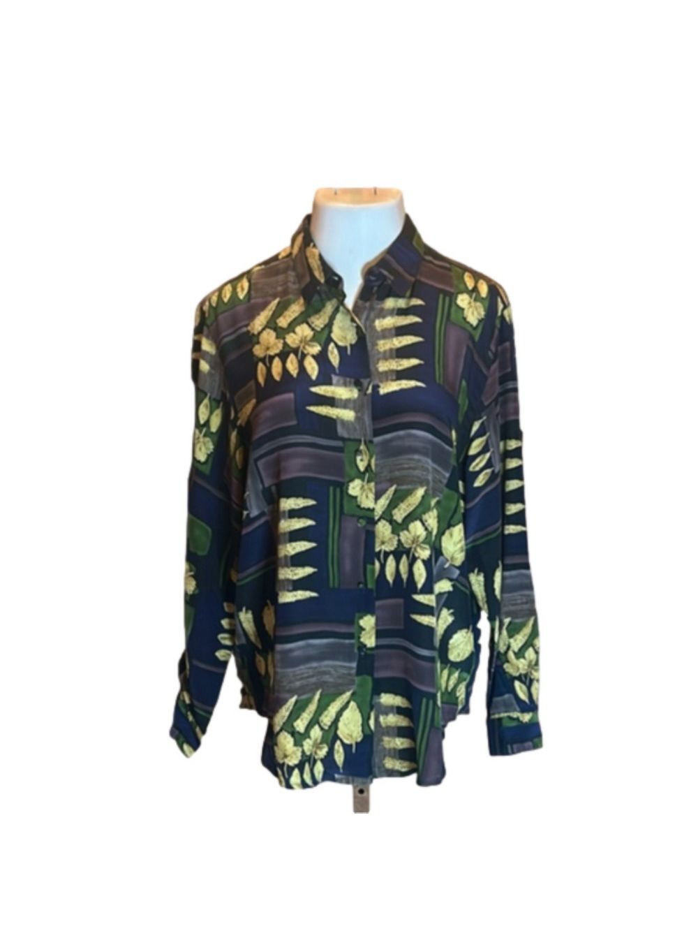 RIVA SILK Vintage 100% Silk Leaf Print Button Up Blouse Size L